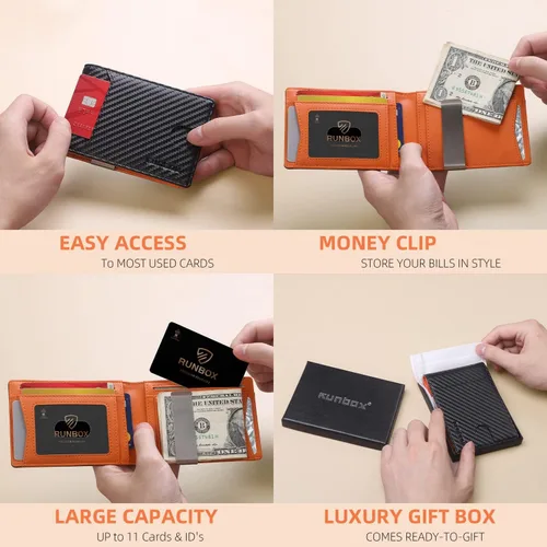 Miniatura 183 de RUNBOX - Carteras delgadas para hombre, cartera de piel con pinza para el dinero, cartera de bolsillo frontal con bloqueo RFID, tarjetero