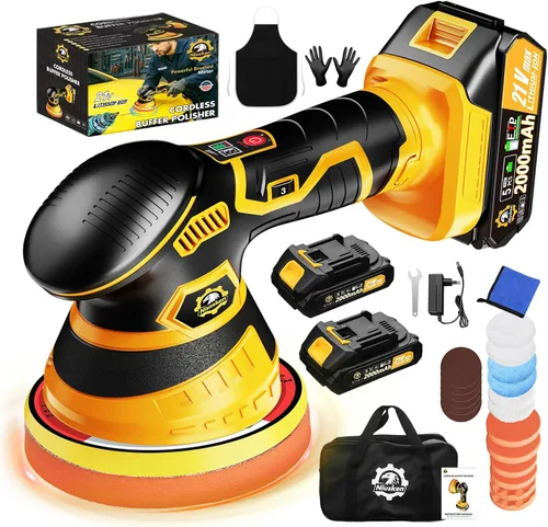 Kit de pulidor inalámbrico para automóvil [2 baterías de 2000 mAh 21 V y 18 accesorios] Diseño orbital de 6 velocidades, pantalla LED, herramienta