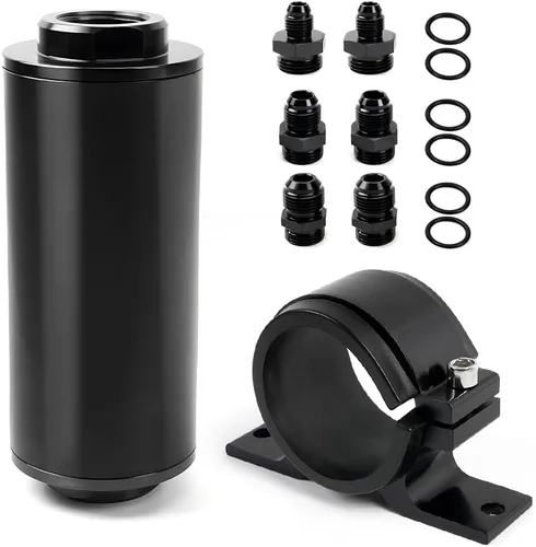 BARTOO Filtro de combustible en línea de 100 micras con adaptador 6AN 8AN 10AN y soporte de montaje de 50 mm para filtrar gasolina, diésel, E85 negro