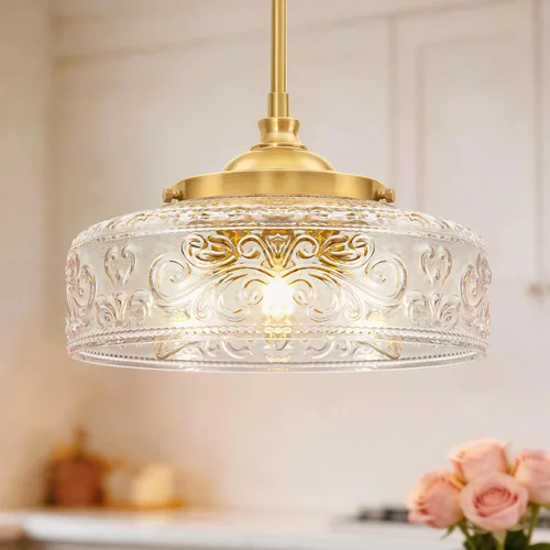 3 luces colgantes ajustables para isla de cocina, metal cepillado dorado y vidrio transparente, luces colgantes de latón vintage para baño, pasillo,