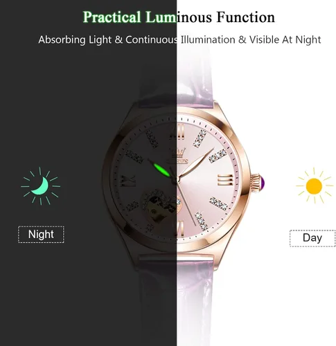 Miniatura 6 de RORIOS Reloj mecánico automático para mujer, reloj automático con correa de piel, luminoso, para mujer