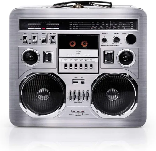 Lonchera retro Boombox Radio – Mercancía inspirada en los años 80 – Accesorios de disfraces novedosos y contenedor de almacenamiento – Regalos