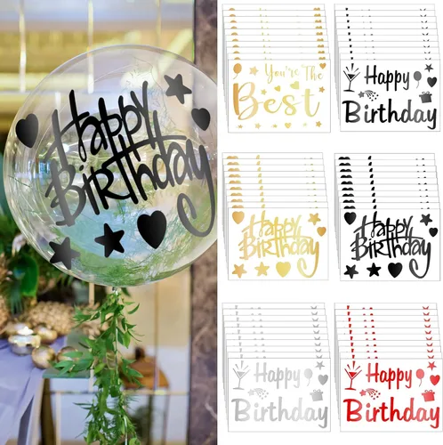 Miniatura 8 de Estune 60 hojas de globos de feliz cumpleaños, suministros de fiesta de cumpleaños, calcomanías transparentes para globos Bobo de decoración