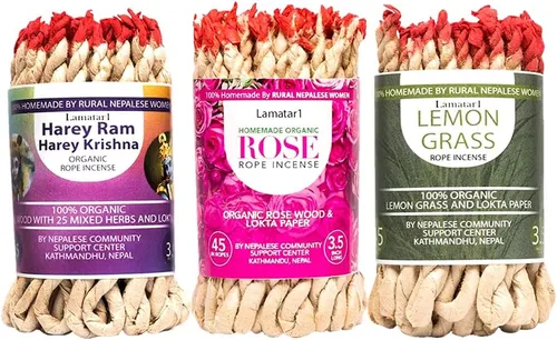 Miniatura 7 de Juego de 3 inciensos de cuerda tibetana APPR 135 en cuerdas hechas a mano en Nepal (Harey Ram Harey Krishna Set de 3)