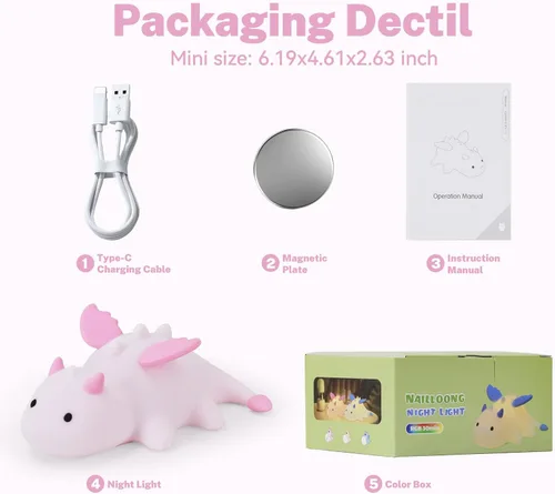 Miniatura 8 de AVEKI Luz nocturna de dragón rosa, linda lámpara de dragón para bebés regalos para niñas y princesas, 10 modos de luz táctil ajustable, lámpara