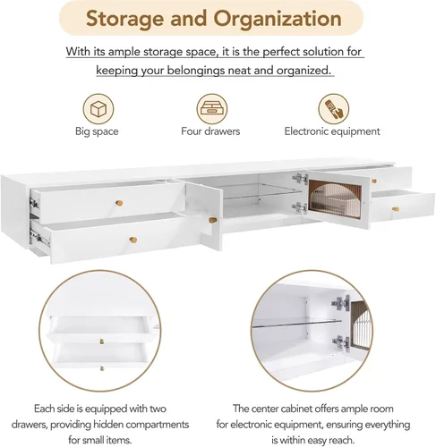 Miniatura 2 de Merax Lujoso soporte de TV con puertas de vidrio estriado, elegante y funcional consola multimedia para televisión de hasta 90 pulgadas, gabinete