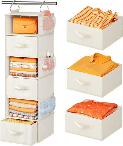 Pipishell Organizador colgante de armario con 6 estantes, estantes colgantes para armario con 3 cajones extraíbles y bolsillos laterales, Blanco
