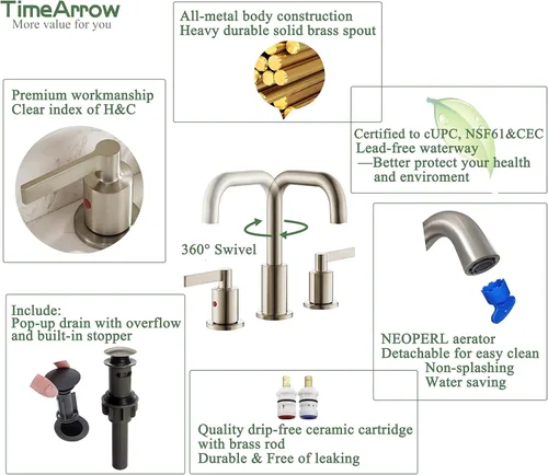Miniatura 4 de TimeArrow TAF288S-BN - Grifo de fregadero de baño de níquel cepillado de 2 manijas de 8 pulgadas con drenaje emergente, grifo de lavabo de tocador