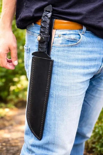 Miniatura 5 de Espada Wakizashi táctica hecha a mano de 17 pulgadas, machete de supervivencia de hoja fija de espiga completa con mango envuelto en cordón y funda