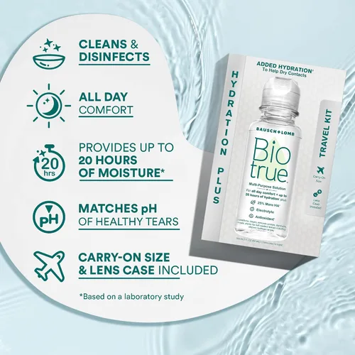 Miniatura 9 de Biotrue Solución de lentes de contacto, solución multiusos para lentes de contacto suaves, estuche de lente incluida, tamaño de viaje de 2 onzas
