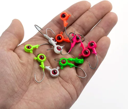 Miniatura 7 de Alwonder Paquete de 50 anzuelos de pesca en hielo con ojos 3D, llamativos y vívidos señuelos de pez cangrejo de cangrejo de lubina, trucha, cabeza