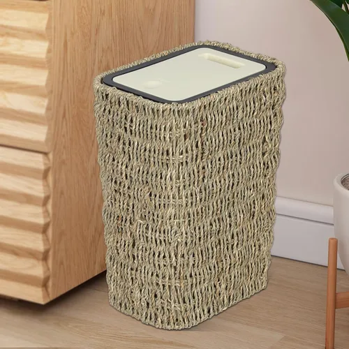 Trongee Bote de basura bohemio con tapa, cubo de basura pequeño de ratán de 3 galones con tapa superior de presión, cesta de basura delgada de