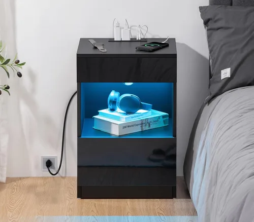 Miniatura 6 de HOMMPA Mesita de noche LED con estante abierto con estación de carga, 2 cajones, mesita de noche negra con almacenamiento, mesitas de noche