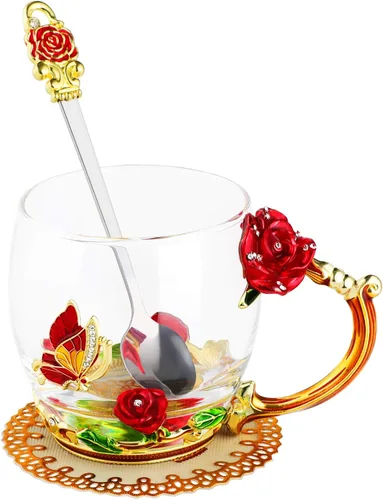 Miniatura 8 de WD&CD Tazas de café y té de vidrio con mariposas y rosas, con cuchara y posavasos, regalos para su novia, esposa, madre, mujeres en el día de San
