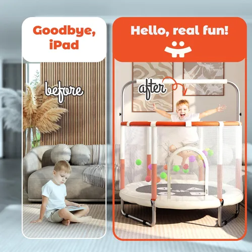 Miniatura 5 de Happin® - Cama elástica de 55 pulgadas para niños con cerca de seguridad, trampolín interior y exterior para niños pequeños, diseño ultra seguro