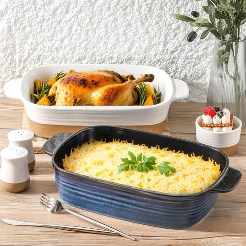Miniatura 7 de Plato de cerámica para hornear, cacerola de 8.7 x 15.2 pulgadas con asas, bandeja rectangular profunda para lasaña para asar y hornear, utensilios
