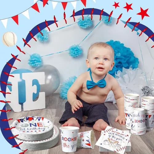 Miniatura 5 de Tanlade 216 piezas de suministros de fiesta de béisbol para el primer cumpleaños, sirven 36 platos de baby shower, vasos, servilletas