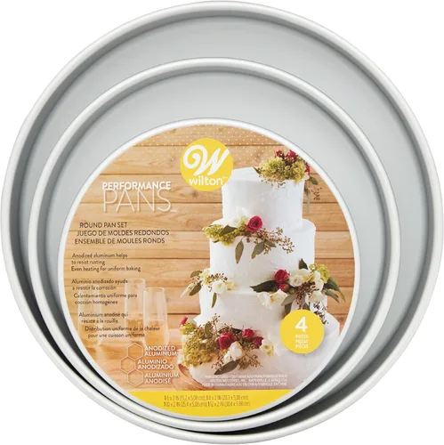 Wilton Juego de moldes redondos de aluminio, 4 piezas para pasteles en capas, duradero, calentamiento uniforme, resistente al óxido, utensilios para