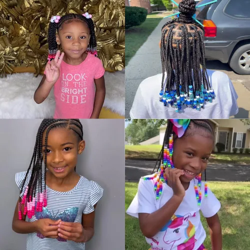 Miniatura 5 de Kid's Summer Paquete de 2 extensiones de cola de caballo para niños con cuentas, trenzas de caja, extensiones de cabello sintético para bebés, Rosa