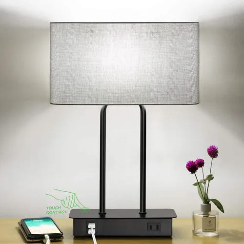 Miniatura 10 de Lámpara de mesa con control táctil y puertos de carga USB duales, 1 salida de CA, lámpara de mesita de noche moderna regulable de 3 vías con Crema