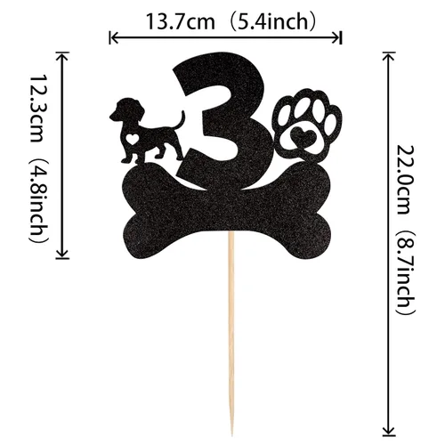 Miniatura 2 de 1 pieza de decoración para pastel de tercer cumpleaños con purpurina negra con pata de perro de tres años de edad, cachorro de perro, hueso de hueso
