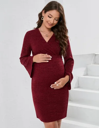 Miniatura 2 de KOJOOIN Maternity Dress Rib Knit Wrap V Neck Bell Long Sleeve Sweater Bodycon Midi Dress Baby Shower Photoshoot