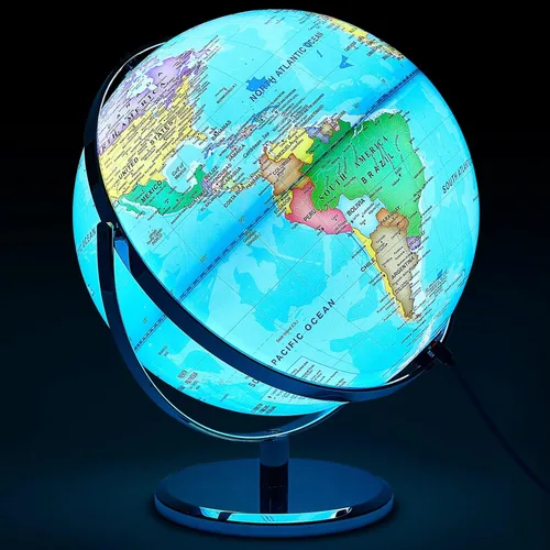 Amylove – Globo mundial iluminado de 13'' para adultos, rotación de 720°/360°, globo reescribible con luz, con soporte, mapa del mundo para metal