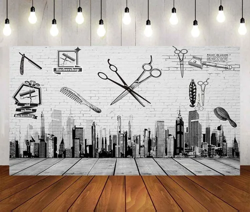 Miniatura 10 de Herramientas de barbería telón de fondo, peine de corte de pelo, edificios de gran altura, pintura de pared, madera de piso, pancarta de mesa