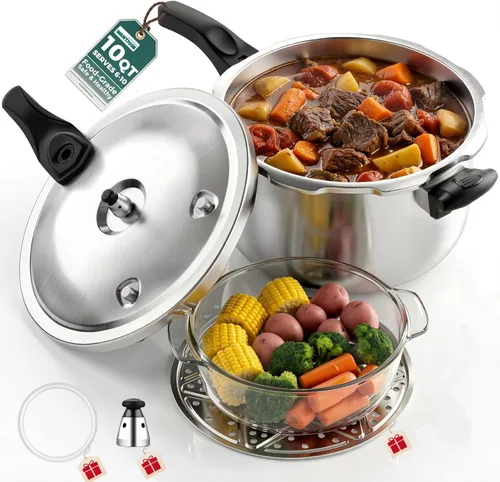 WantJoin Olla de presión de acero inoxidable (sin aluminio), olla de presión compatible con inducción de 10 cuartos con dispositivos de seguridad de