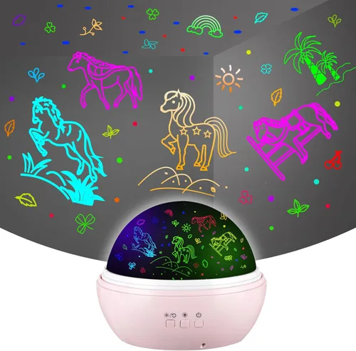 Proyector de caballos de luz nocturna con temporizador automático de 10 horas (sin control remoto), luz nocturna de rotación de 360°, modo de color