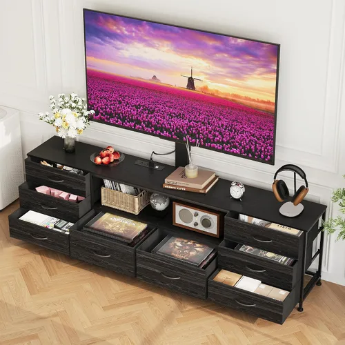 Miniatura 7 de Large TV Stand with Power Outlet and LED Lights, Entertainment Center with 8 Drawers and TV Mount, Rustic Wood Media Console Table with Storage for