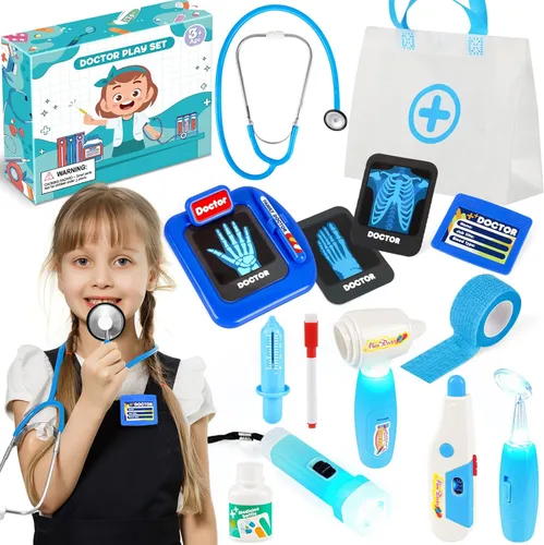 IVENRXIU - Set de Juguetes de Médico para Niños, Kit de Médico de 15 Piezas para Niños Pequeños de 3 a 5 años, Juego de Médico con Estetoscopio