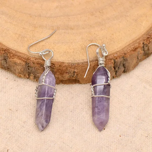 Miniatura 8 de Pendientes de cristal de punta envuelta en alambre de piedra pulida para mujer Reiki Energy Healing