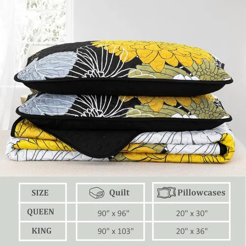 Miniatura 6 de Edredones Florales Amarillos Tamaño California King Juego de Colcha - 3 Piezas Colcha Ligera Negra Cal King con 2 Fundas de Almohada - Juego