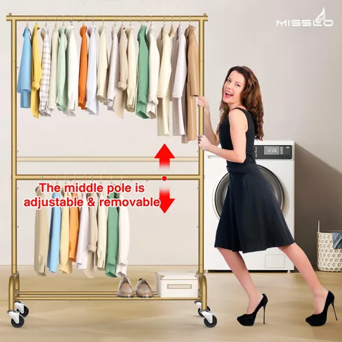 Miniatura 6 de MISSLO Perchero resistente para ropa con ruedas, para colgar ropa, para abrigo, vestuario, dorado (doble barra)