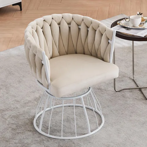 Miniatura 15 de Mistpople Silla de tocador giratoria de 360 grados estilo Mid Century Modern, con respaldo de barril, tapizada en tela Sherpa esponjosa, cómoda