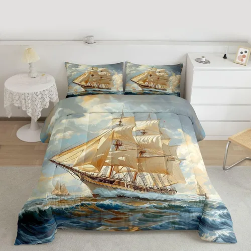 Miniatura 11 de Juego de edredón de brújula azul marino, tamaño individual, 2 piezas, diseño náutico de vela, estilo simple, para niños, adolescentes, adultos