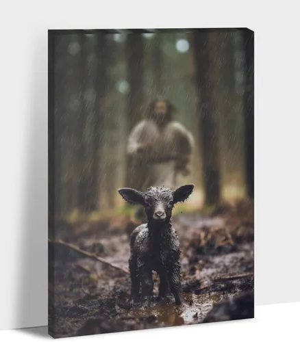 Miniatura 34 de Arte de pared en lona de Jesús y Cordero, Imagen de Jesús Corriendo tras la Oveja Perdida, Arte de pared religioso de Jesús Dejando las 99, Pinturas