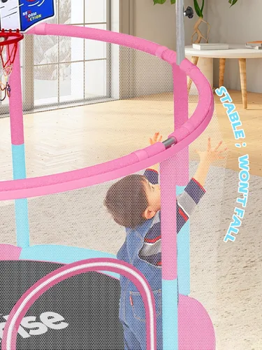 Miniatura 3 de Bluerise - Cama elástica de 55 pulgadas/6 pies, para niños, juego interior y exterior, con canasta de baloncesto para cama elástica, malla de Rosa