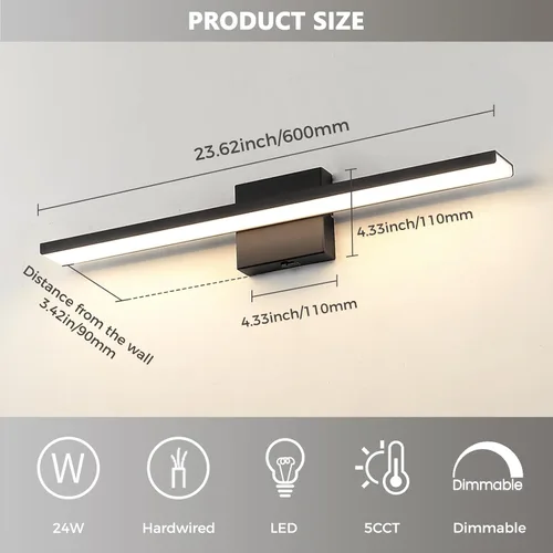 Miniatura 5 de JUSHENG Luces de Tocador Negras para Baño 5CCT Regulables Accesorios de Luces de Tocador para Baño Luz LED de Tocador Barra de Luz de Tocador 24