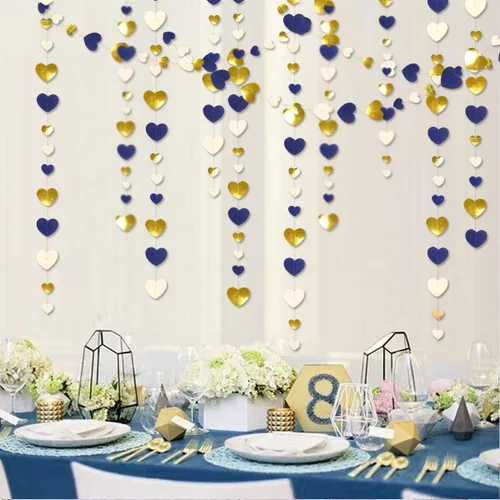 Miniatura 4 de 52 pies Guirnalda de corazón de amor dorado azul marino para decoración de fiesta del día de San Valentín Bandera de serpentina colgante azul real