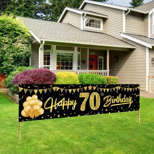 Cartel de feliz cumpleaños 70 para mujeres y hombres, suministros de fiesta de cumpleaños de 70 años de color negro y dorado, divertido tema de 70