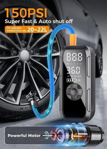Miniatura 2 de Compresor de aire portátil Y51, inflador de neumáticos, bomba de aire eléctrica inalámbrica de 150 PSI para neumáticos de automóvil, apagado