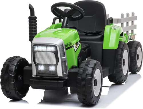 Miniatura 8 de SEHOMY Tractor de paseo para niños con remolque y motores duales de 25W, vehículo de juguete eléctrico para niños alimentado por batería de 12V