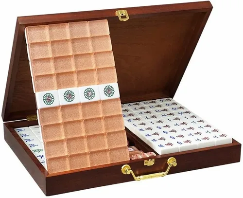 Juego de mahjong chino, juego de mahjong chino tradicional, 144 azulejos, 2 fichas de repuesto, estuche de madera, juego de Majhong portátil para