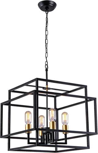 Miniatura 8 de Maxax Lámpara de araña cuadrada moderna, 4 luces colgantes de granja, para isla de cocina, comedor, dormitorio, sala de estar, acabado negro y dorado