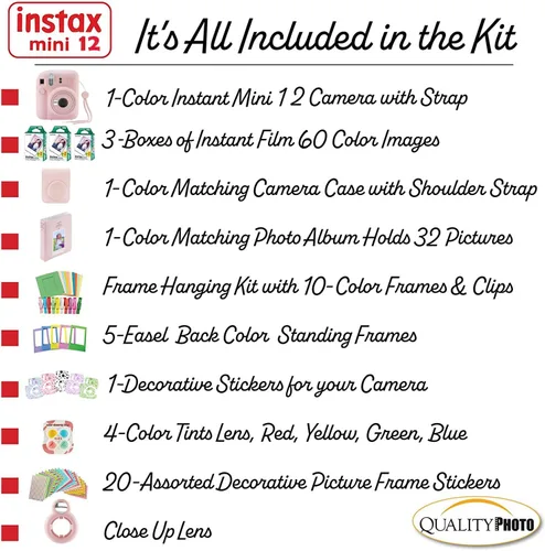 Miniatura 3 de Fujifilm Cámara instantánea Instax Mini 12 + 60 impresiones fotográficas + paquete de calidad fotográfica, funda, calcomanías decorativas, marcos