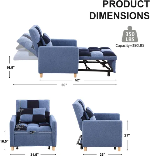 Miniatura 2 de Sofá cama convertible 3 en 1, silla reclinable de tela de terciopelo para interiores con respaldo ajustable y almohada para adultos, sofá extraíble