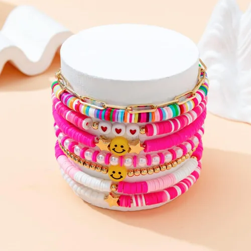 Miniatura 2 de 8 pulseras de surf de disco sonriente de arcilla colorida, sonrisa feliz mal de ojo, pulsera apilable, bohemia, multicolor, arcilla polimérica