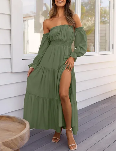 Miniatura 73 de ZESICA - Vestido largo, bohemio y sexy, con hombros descubiertos y manga larga fruncida, con elástico fruncido, cintura alta y abertura lateral